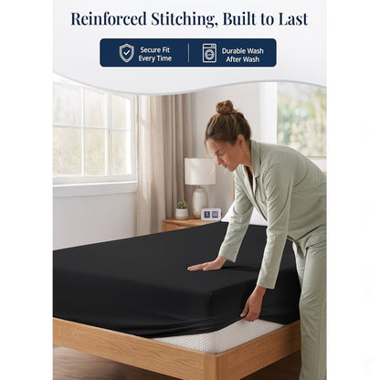 Hotel Quality Fitted Sheet - 1 Piece Fitted Sheet  -Breathable Bedding - Wrinkle, Fade, Stain Resistant- 16inch/40cm Deep Pocket Fitted Bed Sheet-Wrinkle and Fade Resistant,(Black,Single)