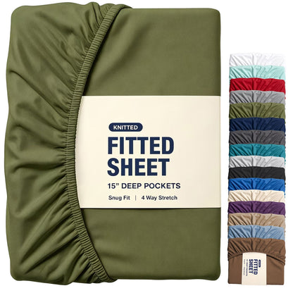Hotel Quality Fitted Sheet - 1 Piece Fitted Sheet  -Breathable Bedding - Wrinkle, Fade, Stain Resistant- 16inch/40cm Deep Pocket Fitted Bed Sheet-Wrinkle and Fade Resistant,(Olive green,Single)