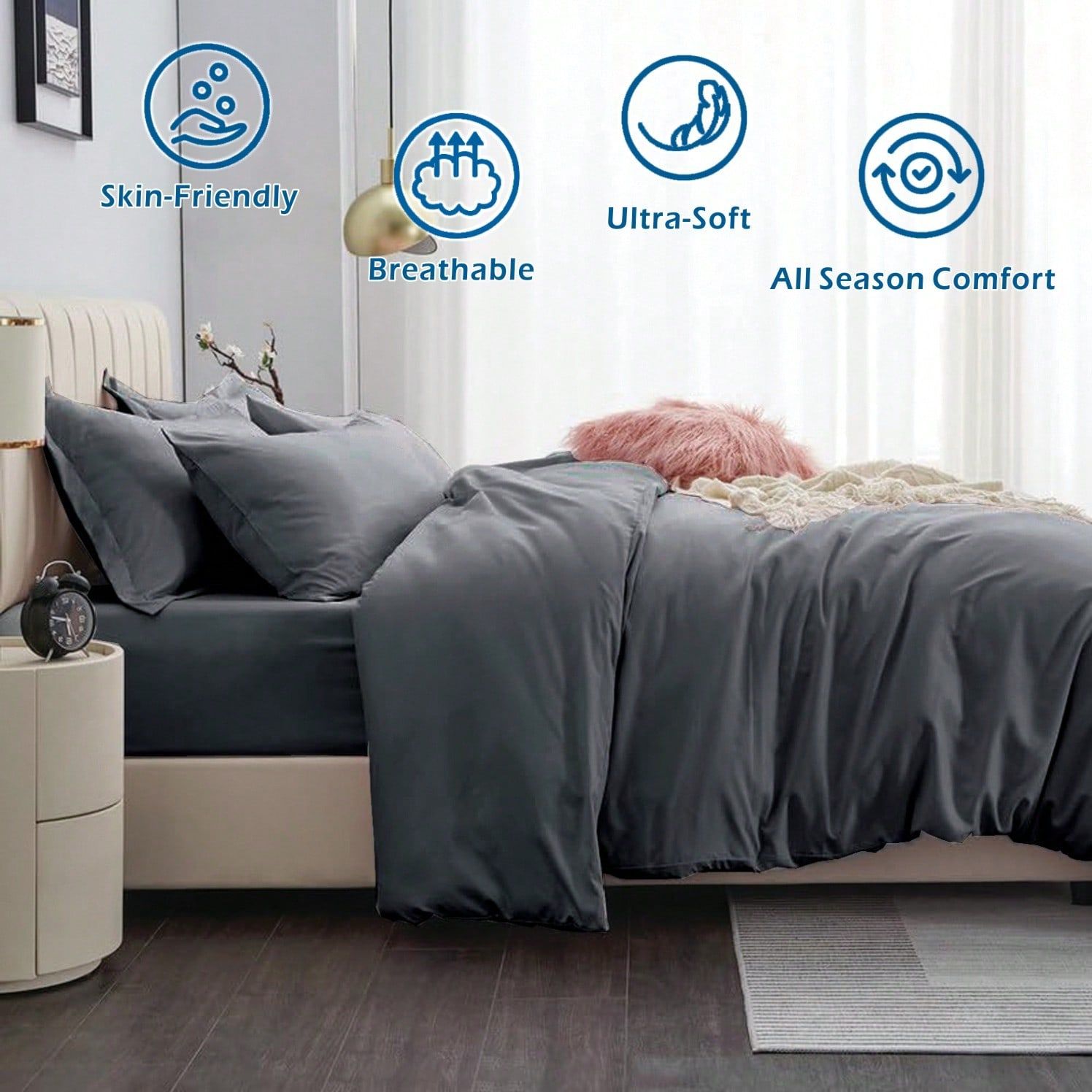 Hotel Soft Microfiber Duvet Cover Set-2000TC Quilt Cover Set & Pillowcases -1 Donna Cover Zipper Closure & 1 x Pillowcases-Breathable Bedding - Wrinkle, Fade, Stain Resistant(Dark gray,Super King)