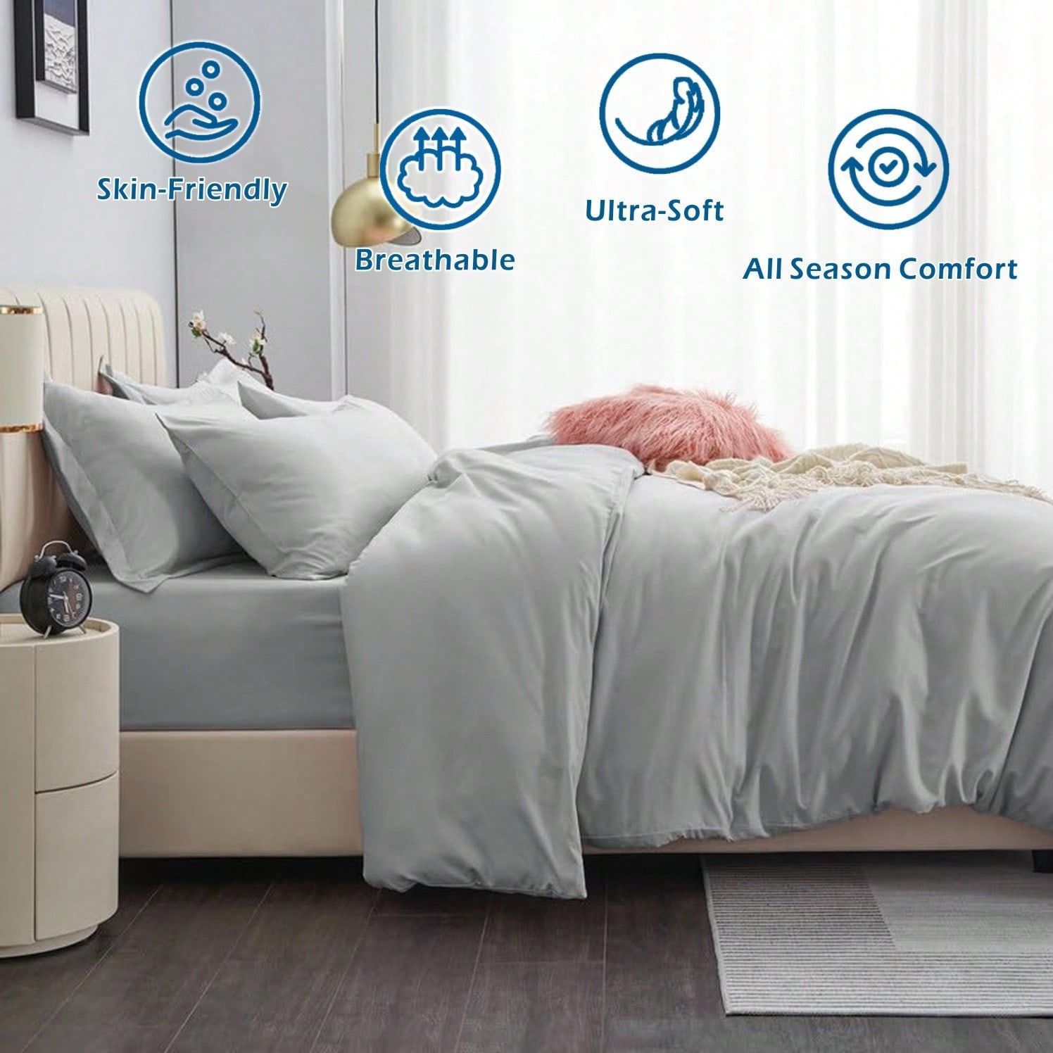 Hotel Soft Microfiber Duvet Cover Set-2000TC Quilt Cover Set & Pillowcases -1 Donna Cover Zipper Closure & 1 x Pillowcases-Breathable Bedding - Wrinkle, Fade, Stain Resistant(Silver-gray,Super King)
