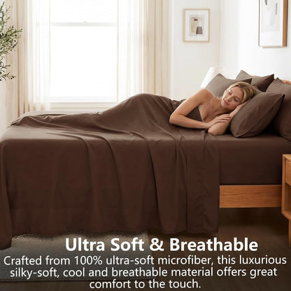 Hotel Soft Bed Sheet Set- Bedding Sheets & Pillowcases -Breathable Bedding - Wrinkle, Fade, Stain Resistant-Deep Pocket Flat Fitted Bed Sheet Set(Chocolate,Super King)