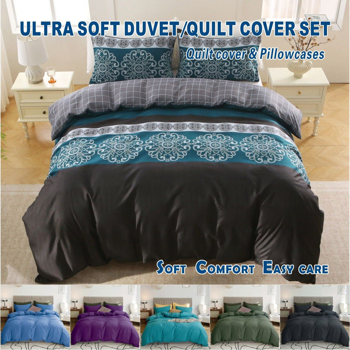 3 Piece Hotel Soft Microfiber Quilt Cover Set-2000TC Duvet/Donna Cover Set & Pillowcases -1 Quilt Cover V1317-QS9-AUD-3JT-BZ-BXMY