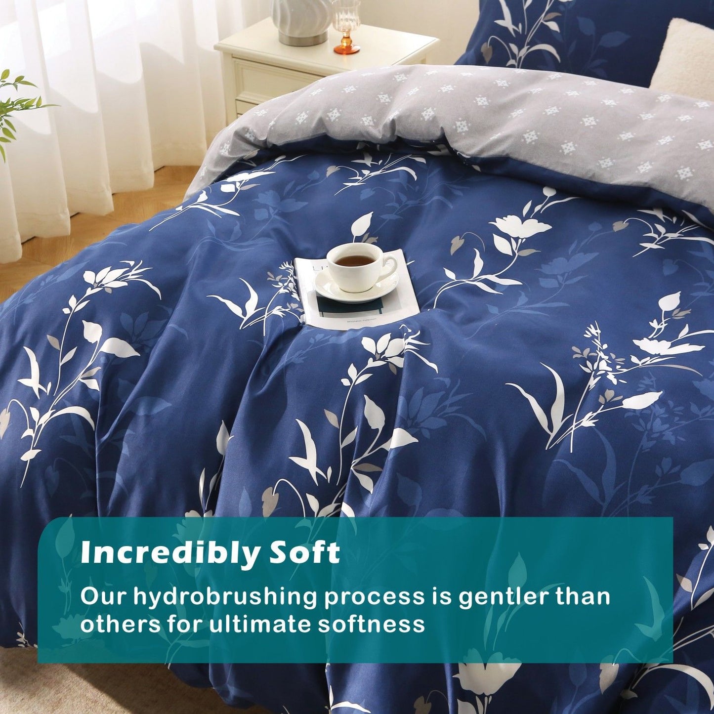 3 Piece Hotel Soft Microfiber Quilt Cover Set-2000TC Duvet/Donna Cover Set & Pillowcases -1 Quilt Cover Zipper Closure & 1 x Pillowcases-Breathable Bedding - Wrinkle, Fade, Stain Resistant(Navy Floral,Double)