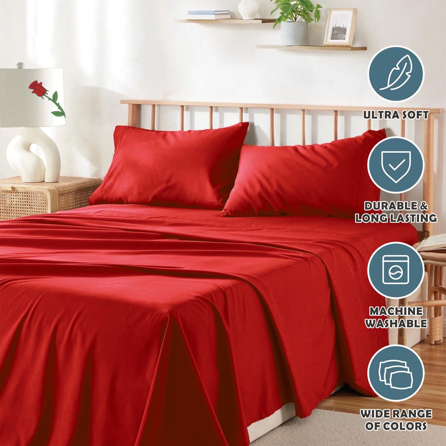 4 Piece Bed Sheet Set- Bedding Sheets & Pillowcases -Breathable Bedding - Wrinkle, Fade, Stain Resistant-Deep Pocket Flat Fitted Bed Sheet Set(Red,Double)