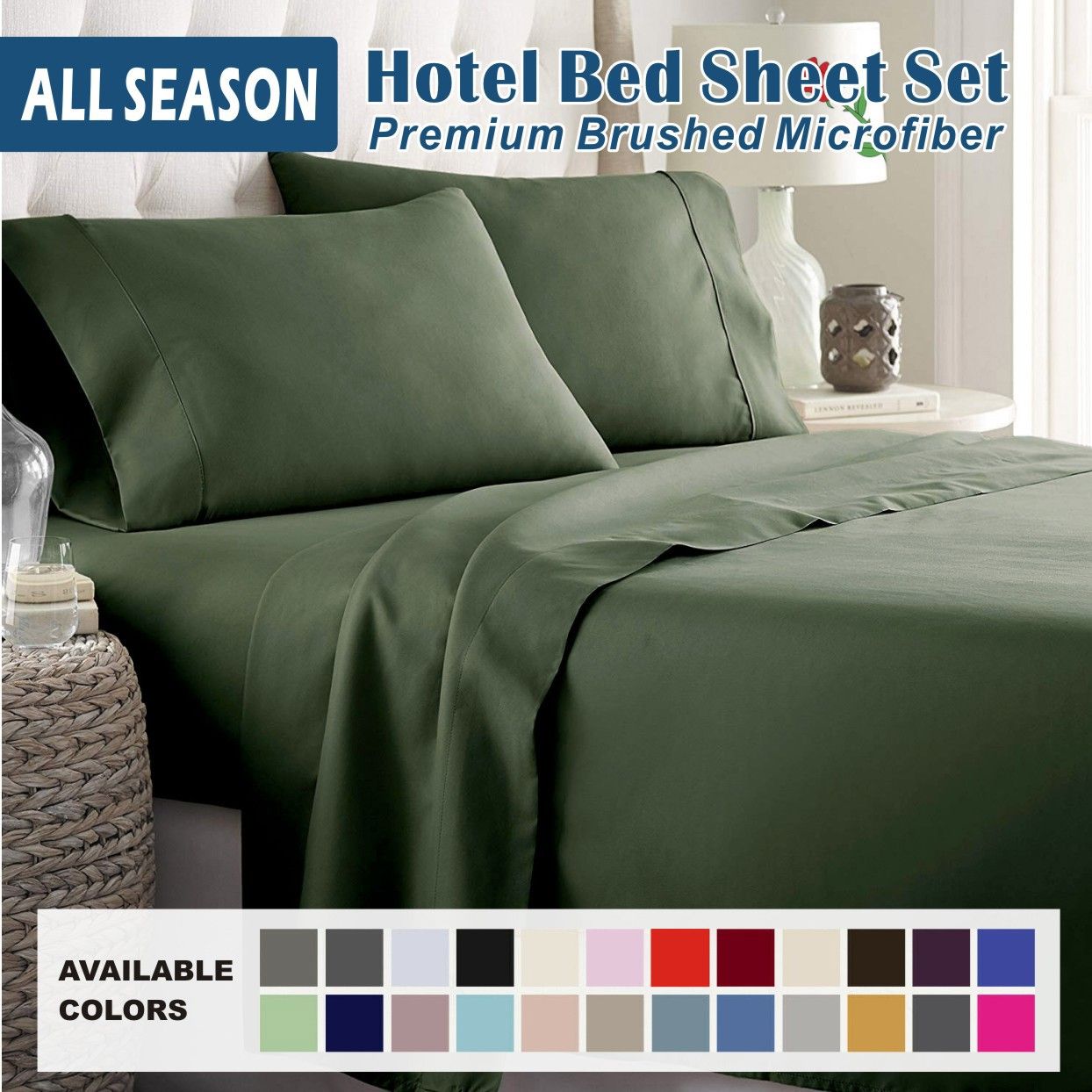 4 Piece Bed Sheet Set- Bedding Sheets & Pillowcases -Breathable Bedding - Wrinkle, Fade, Stain Resistant-Deep Pocket Flat Fitted Bed Sheet Set(Olive green,Double)