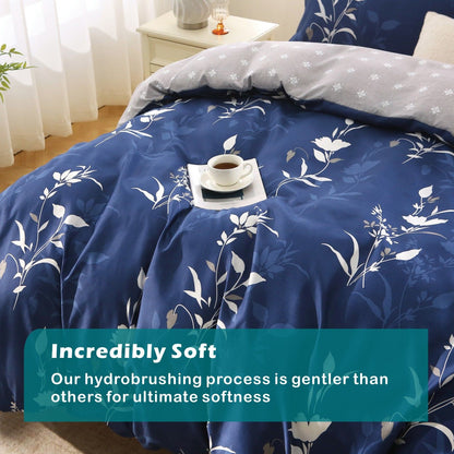 3 Piece Hotel Soft Microfiber Quilt Cover Set-2000TC Duvet/Donna Cover Set & Pillowcases -1 Quilt Cover Zipper Closure & 1 x Pillowcases-Breathable Bedding - Wrinkle, Fade, Stain Resistant(Navy Floral,King)