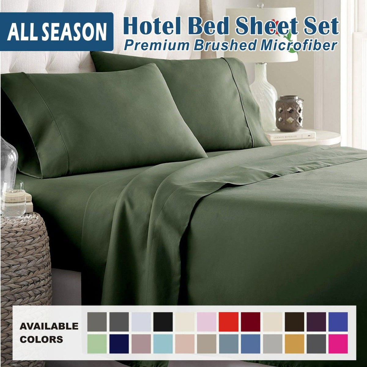 4 Piece Bed Sheet Set- Bedding Sheets & Pillowcases -Breathable Bedding - Wrinkle, Fade, Stain Resistant-Deep Pocket Flat Fitted Bed Sheet Set(Olive green,King)
