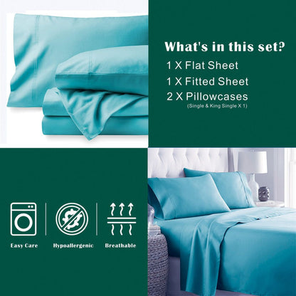 3 Piece Bed Sheet Set- Bedding Sheets & Pillowcases -Breathable Bedding - Wrinkle, Fade, Stain Resistant-Deep Pocket Flat Fitted Bed Sheet Set(Ice Blue,King Single)