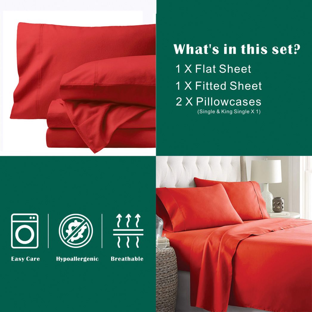3 Piece Bed Sheet Set- Bedding Sheets & Pillowcases -Breathable Bedding - Wrinkle, Fade, Stain Resistant-Deep Pocket Flat Fitted Bed Sheet Set(Red,King Single)