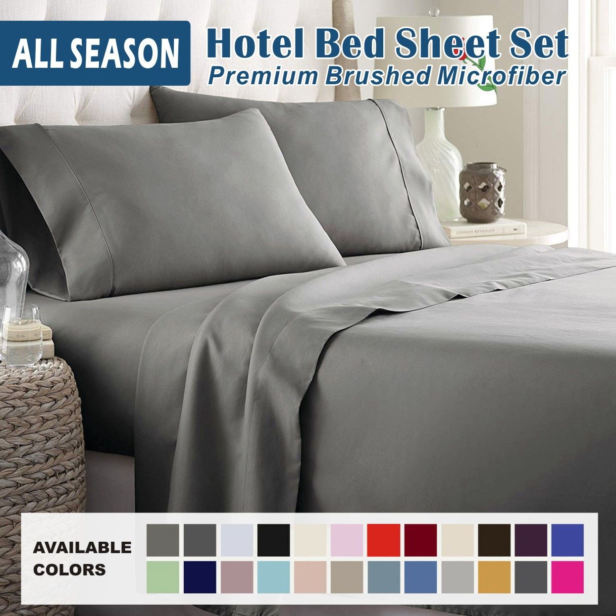 3 Piece Bed Sheet Set- Bedding Sheets & Pillowcases -Breathable Bedding - Wrinkle, Fade, Stain Resistant-Deep Pocket Flat Fitted Bed Sheet Set(Grey,King Single)