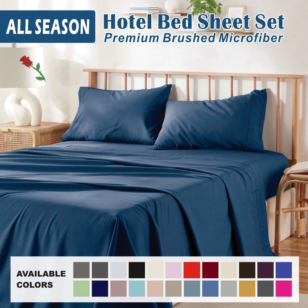 3 Piece Bed Sheet Set- Bedding Sheets & Pillowcases -Breathable Bedding - Wrinkle, Fade, Stain Resistant-Deep Pocket Flat Fitted Bed Sheet Set(Navy,King Single)