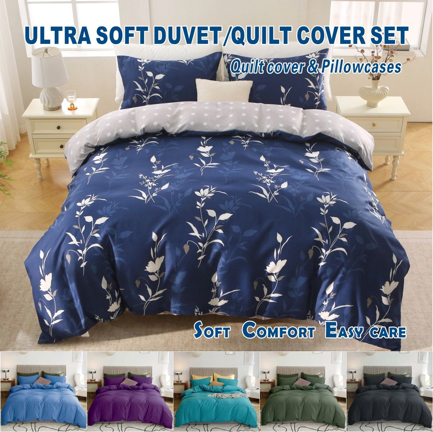 3 Piece Hotel Soft Microfiber Quilt Cover Set-2000TC Duvet/Donna Cover Set & Pillowcases -1 Quilt Cover V1317-QS9-AUQ-3JT-BZ-NVHUA