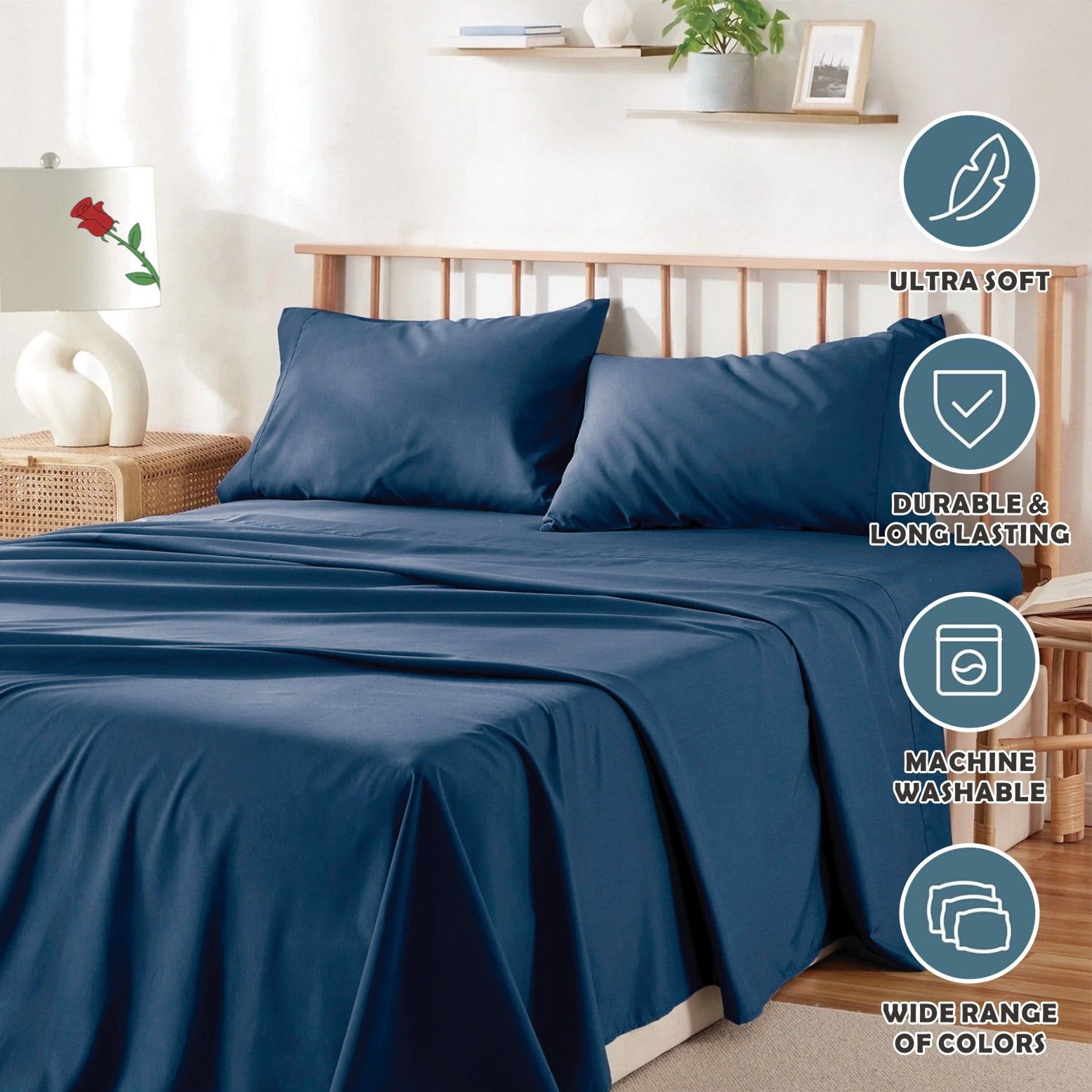 4 Piece Bed Sheet Set- Bedding Sheets & Pillowcases -Breathable Bedding - Wrinkle, Fade, Stain Resistant-Deep V1317-QS9-AUQ-4JT-NV