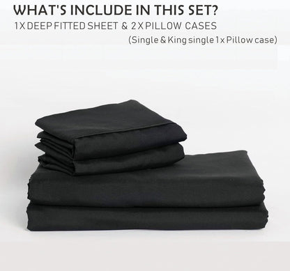 2 Piece Fitted Sheet Set- Fitted Sheet & Pillowcases -Breathable Bedding - Wrinkle, Fade, Stain Resistant- 40cm Deep Pocket Fitted Bed Sheet Set(Black,Single)