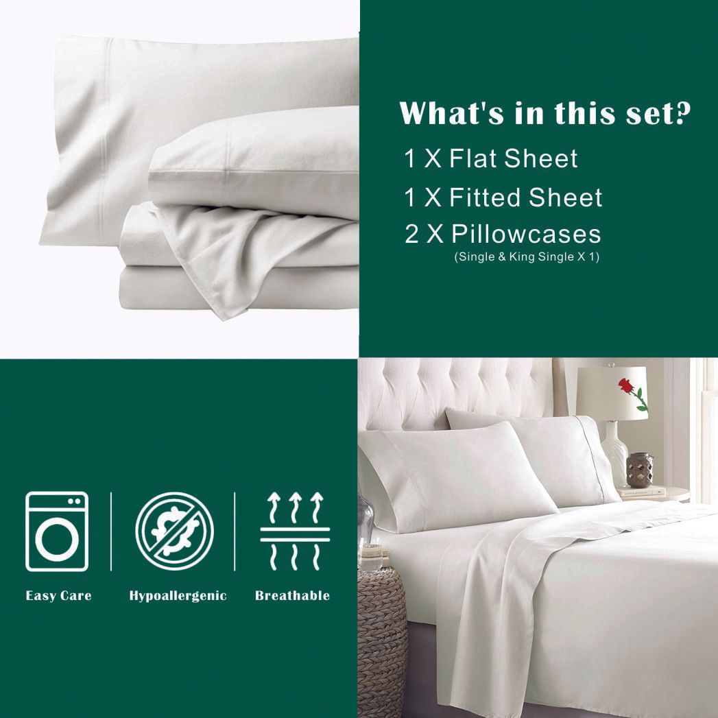 3 Piece Bed Sheet Set- Bedding Sheets & Pillowcases -Breathable Bedding - Wrinkle, Fade, Stain Resistant-Deep Pocket Flat Fitted Bed Sheet Set(Raw white,Single)