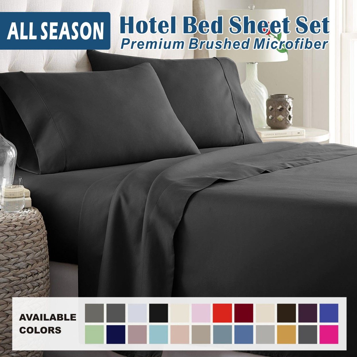 3 Piece Bed Sheet Set- Bedding Sheets & Pillowcases -Breathable Bedding - Wrinkle, Fade, Stain Resistant-Deep Pocket Flat Fitted Bed Sheet Set(Black,Single)