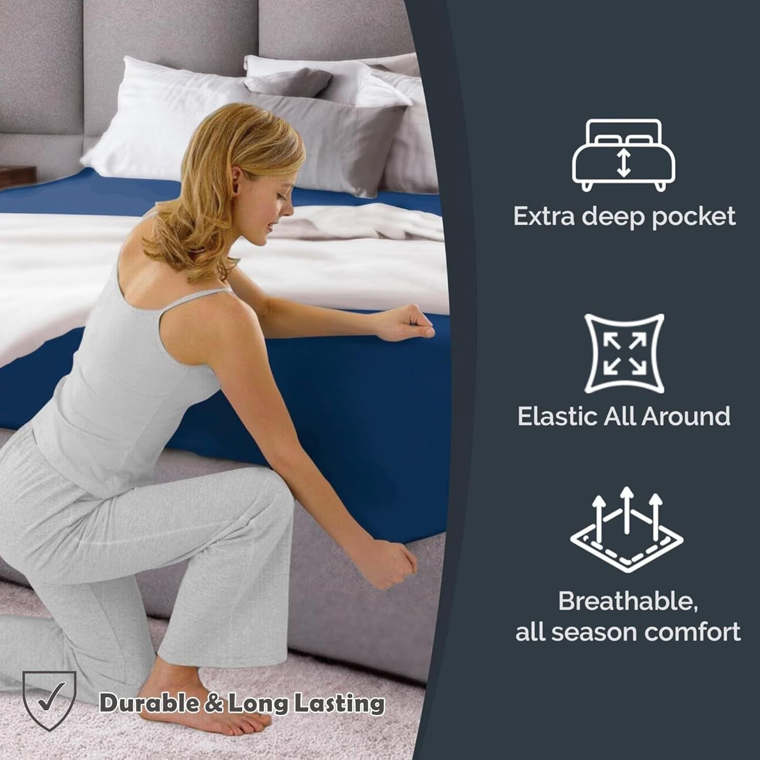 Hotel Quality Fitted Sheet - 1 Piece Fitted Sheet -Breathable Bedding - Wrinkle, Fade, Stain Resistant- V1317-QS9-AUSK-CL-NV