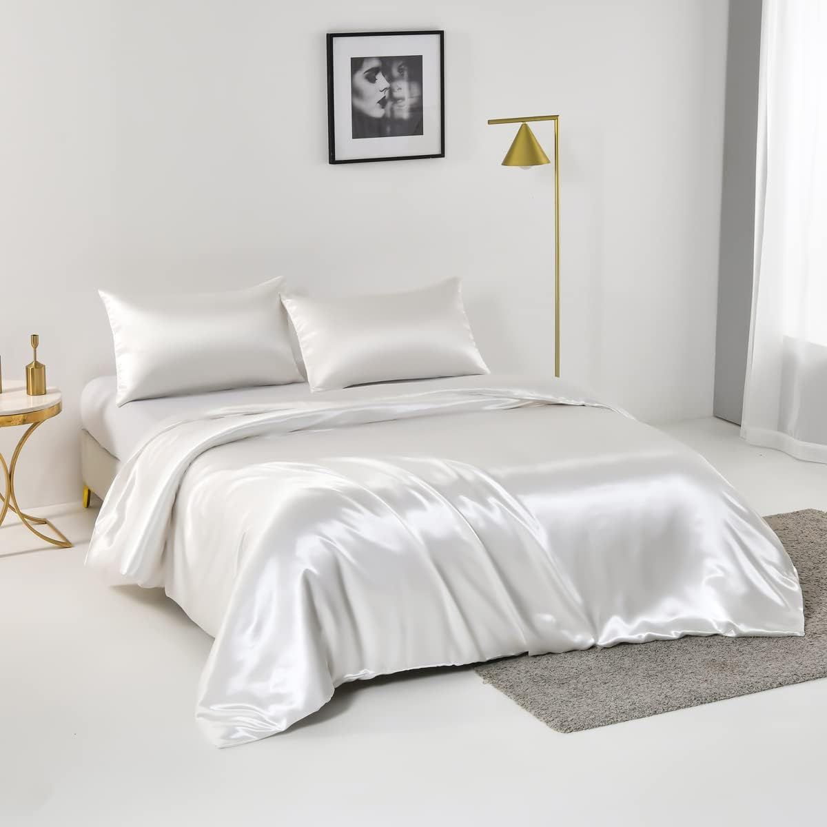 Satin Quilt cover Set Hotel 3 Pieces Quilt cover with Pillowcase, Art Silk Bedding Set-Luxury Soft Silky V1317-SD90-AUD-3JT-BZ-BAI