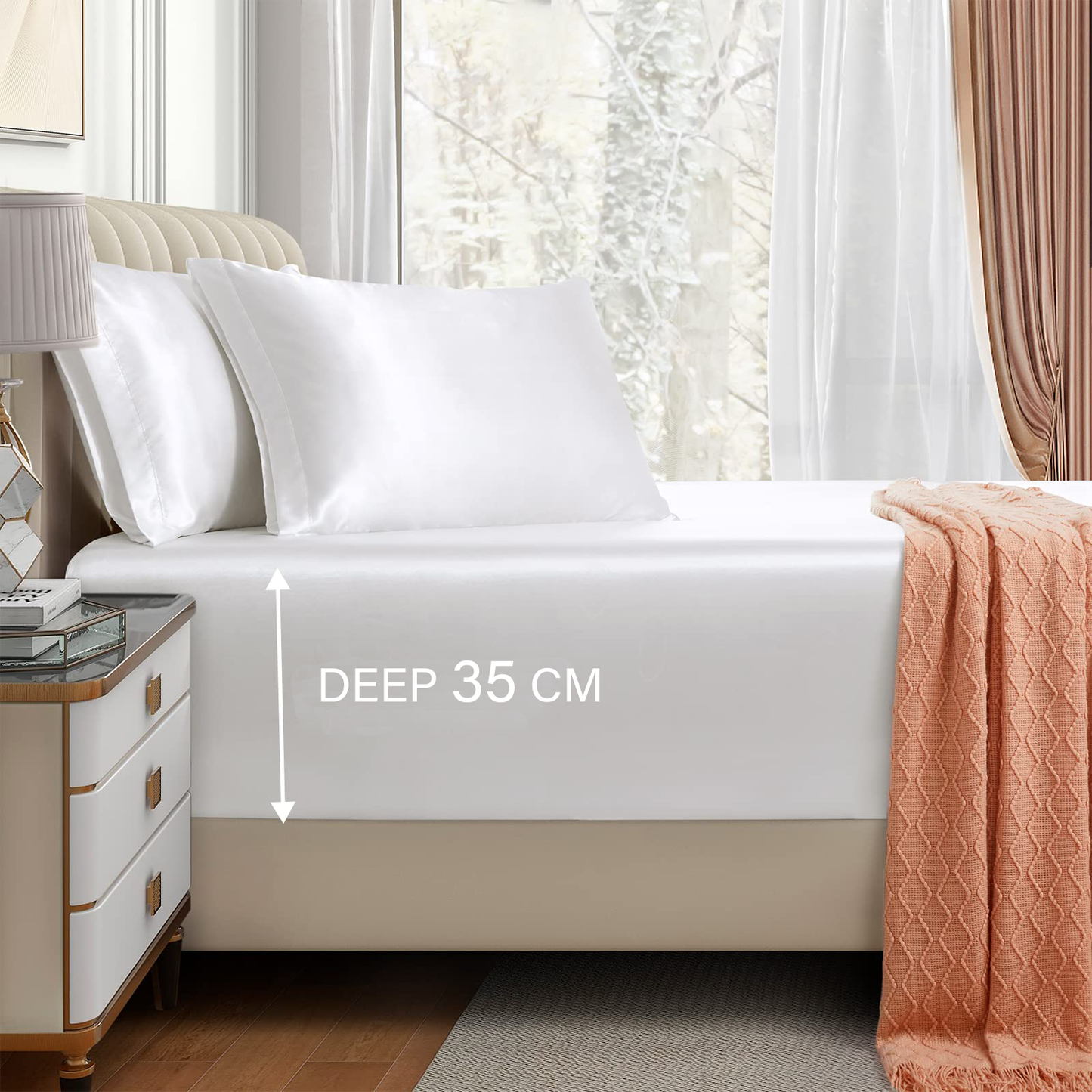 Satin Fitted Sheet Set Hotel 3 Pieces Fitted Sheet with Pillowcase, Art Silk Bedding Set-Luxury Soft Silky V1317-SD90-AUD-3JT-CL-BAI