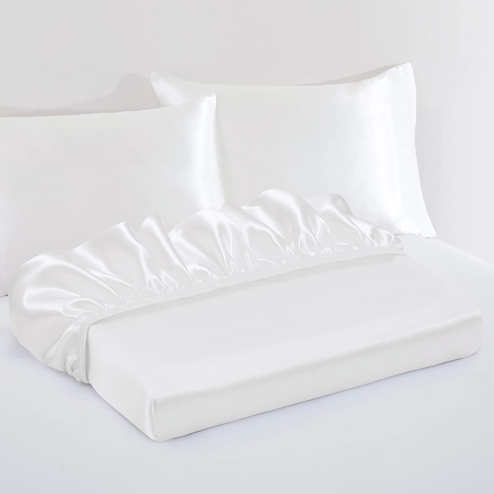 Satin Fitted Sheet Set Hotel 3 Pieces Fitted Sheet with Pillowcase, Art Silk Bedding Set-Luxury Soft Silky V1317-SD90-AUD-3JT-CL-BAI