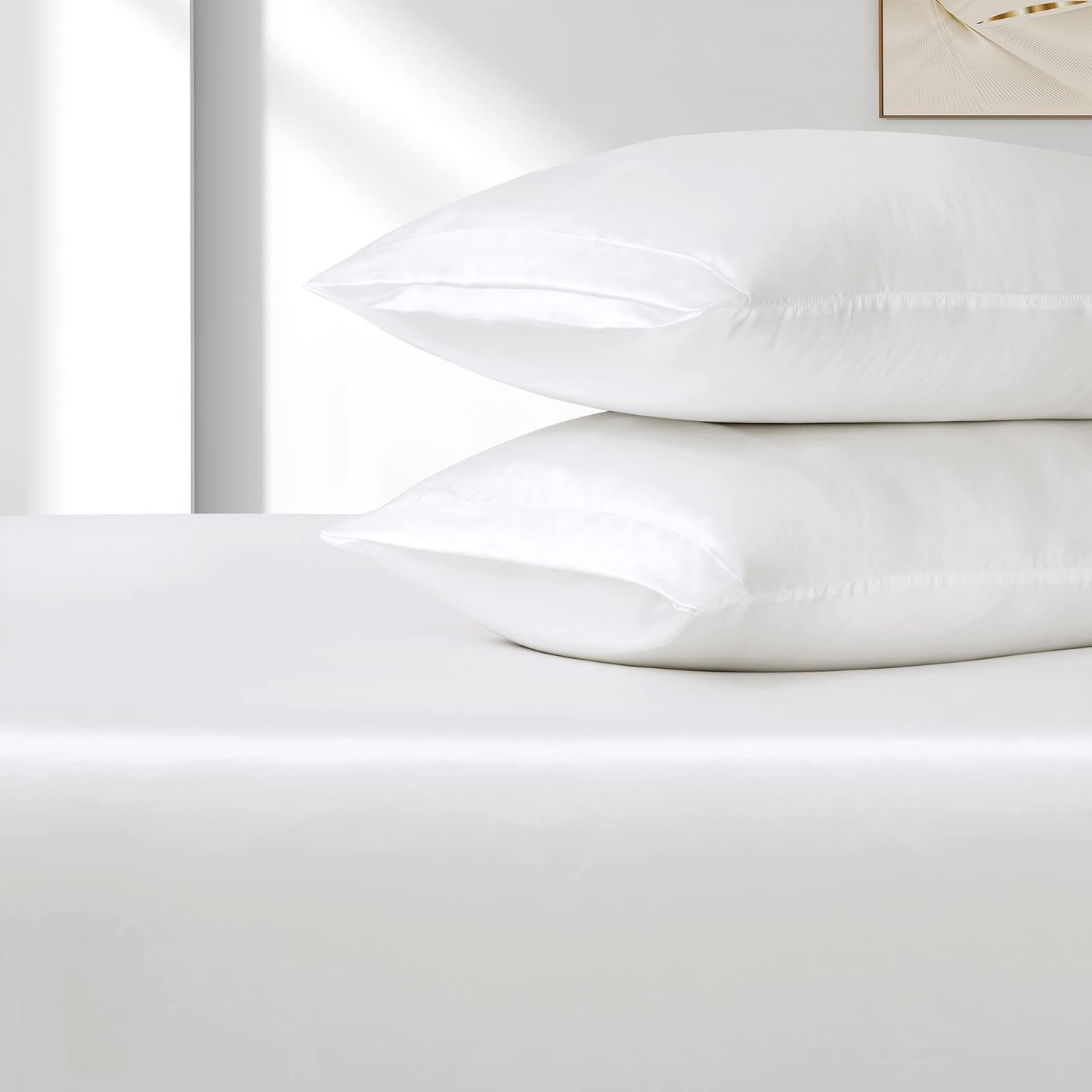 Satin Fitted Sheet Set Hotel 3 Pieces Fitted Sheet with Pillowcase, Art Silk Bedding Set-Luxury Soft Silky V1317-SD90-AUD-3JT-CL-BAI