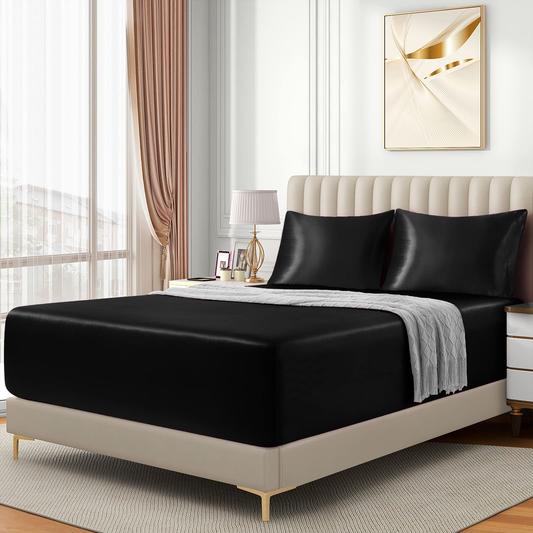 Satin Fitted Sheet Set Hotel 3 Pieces Fitted Sheet with Pillowcase, Art Silk Bedding Set-Luxury Soft Silky V1317-SD90-AUD-3JT-CL-HEI