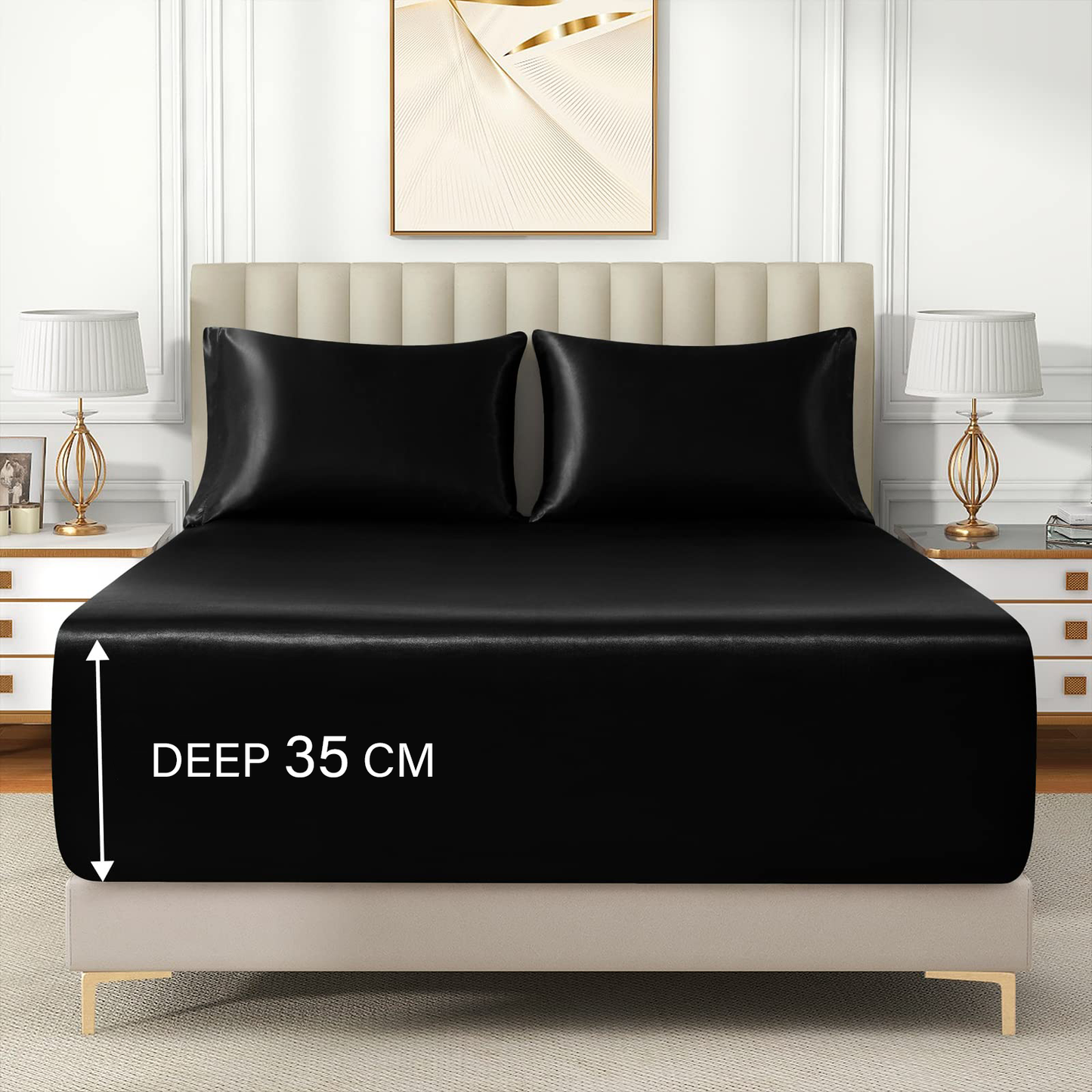Satin Fitted Sheet Set Hotel 3 Pieces Fitted Sheet with Pillowcase, Art Silk Bedding Set-Luxury Soft Silky V1317-SD90-AUD-3JT-CL-HEI