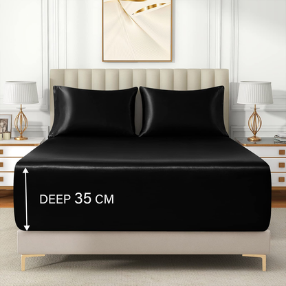 Satin Fitted Sheet Set Hotel 3 Pieces Fitted Sheet with Pillowcase, Art Silk Bedding Set-Luxury Soft Silky Sheets for Hair and Skin, Similar to Silk Fitted Sheets Set 3 Pieces(Double,Black)