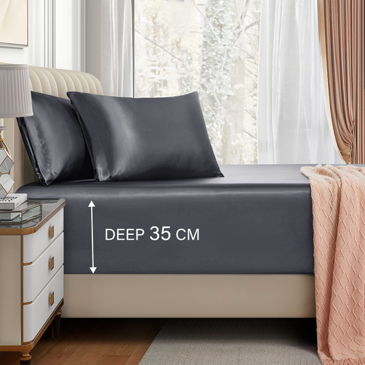 Satin Fitted Sheet Set Hotel 3 Pieces Fitted Sheet with Pillowcase, Art Silk Bedding Set-Luxury Soft Silky V1317-SD90-AUD-3JT-CL-HUI