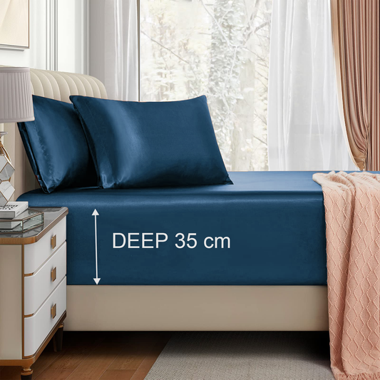 Satin Fitted Sheet Set Hotel 3 Pieces Fitted Sheet with Pillowcase, Art Silk Bedding Set-Luxury Soft Silky V1317-SD90-AUD-3JT-CL-NV