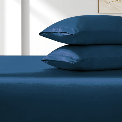 Satin Fitted Sheet Set Hotel 3 Pieces Fitted Sheet with Pillowcase, Art Silk Bedding Set-Luxury Soft Silky V1317-SD90-AUD-3JT-CL-NV