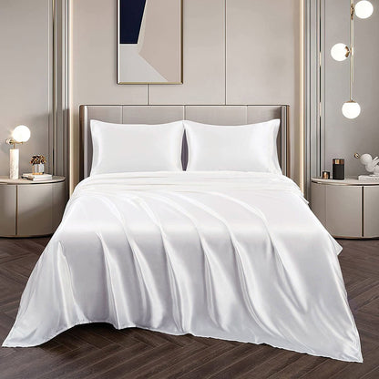Art Silk Satin Sheet Set Hotel 4 Pieces Fitted/Flat Sheet Bedding Set-Luxury Soft Silky Sheets for Hair and V1317-SD90-AUD-4JT-BAI