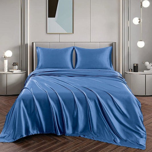 Art Silk Satin Sheet Set Hotel 4 Pieces Fitted/Flat Sheet Bedding Set-Luxury Soft Silky Sheets for Hair and V1317-SD90-AUD-4JT-HL