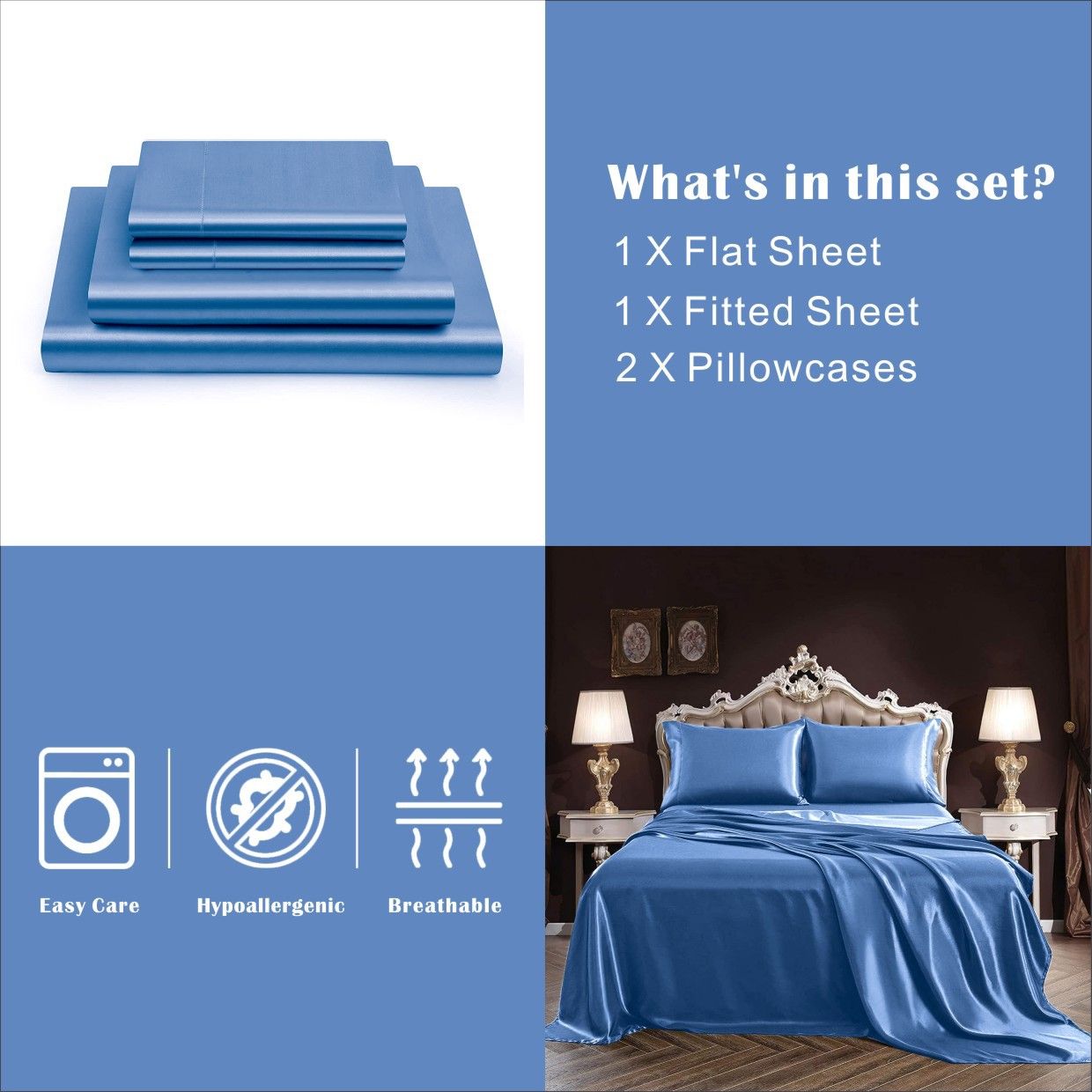 Art Silk Satin Sheet Set Hotel 4 Pieces Fitted/Flat Sheet Bedding Set-Luxury Soft Silky Sheets for Hair and V1317-SD90-AUD-4JT-HL