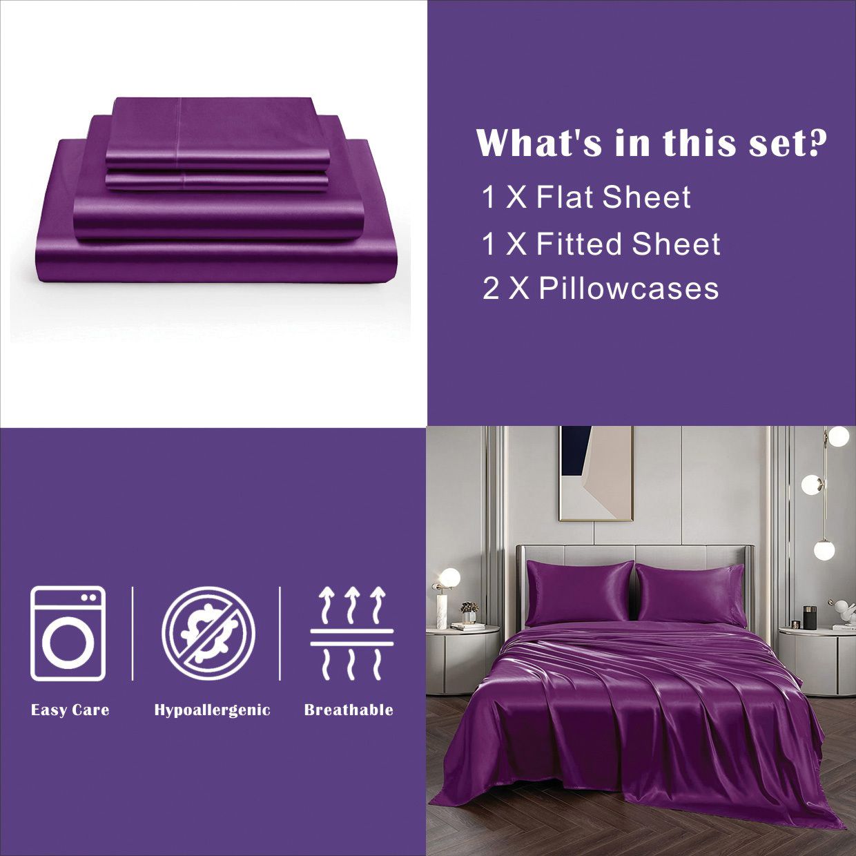 Art Silk Satin Sheet Set Hotel 4 Pieces Fitted/Flat Sheet Bedding Set-Luxury Soft Silky Sheets for Hair and V1317-SD90-AUD-4JT-ZI