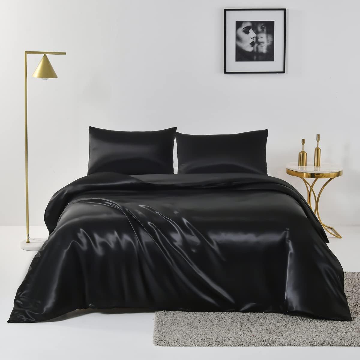 Satin Quilt cover Set Hotel 3 Pieces Quilt cover with Pillowcase, Art Silk Bedding Set-Luxury Soft Silky V1317-SD90-AUK-3JT-BZ-HEI