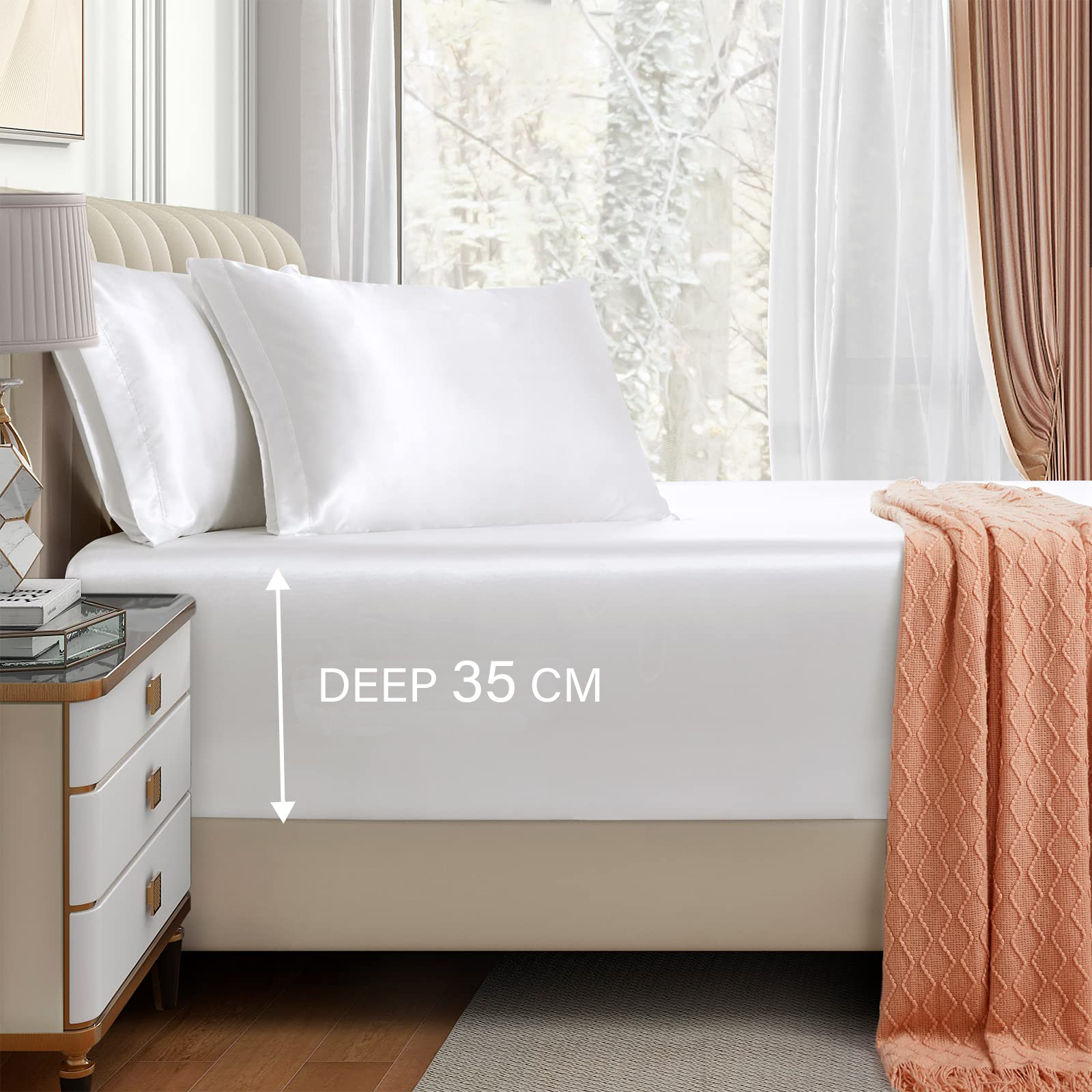 Satin Fitted Sheet Set Hotel 3 Pieces Fitted Sheet with Pillowcase, Art Silk Bedding Set-Luxury Soft Silky V1317-SD90-AUK-3JT-CL-BAI