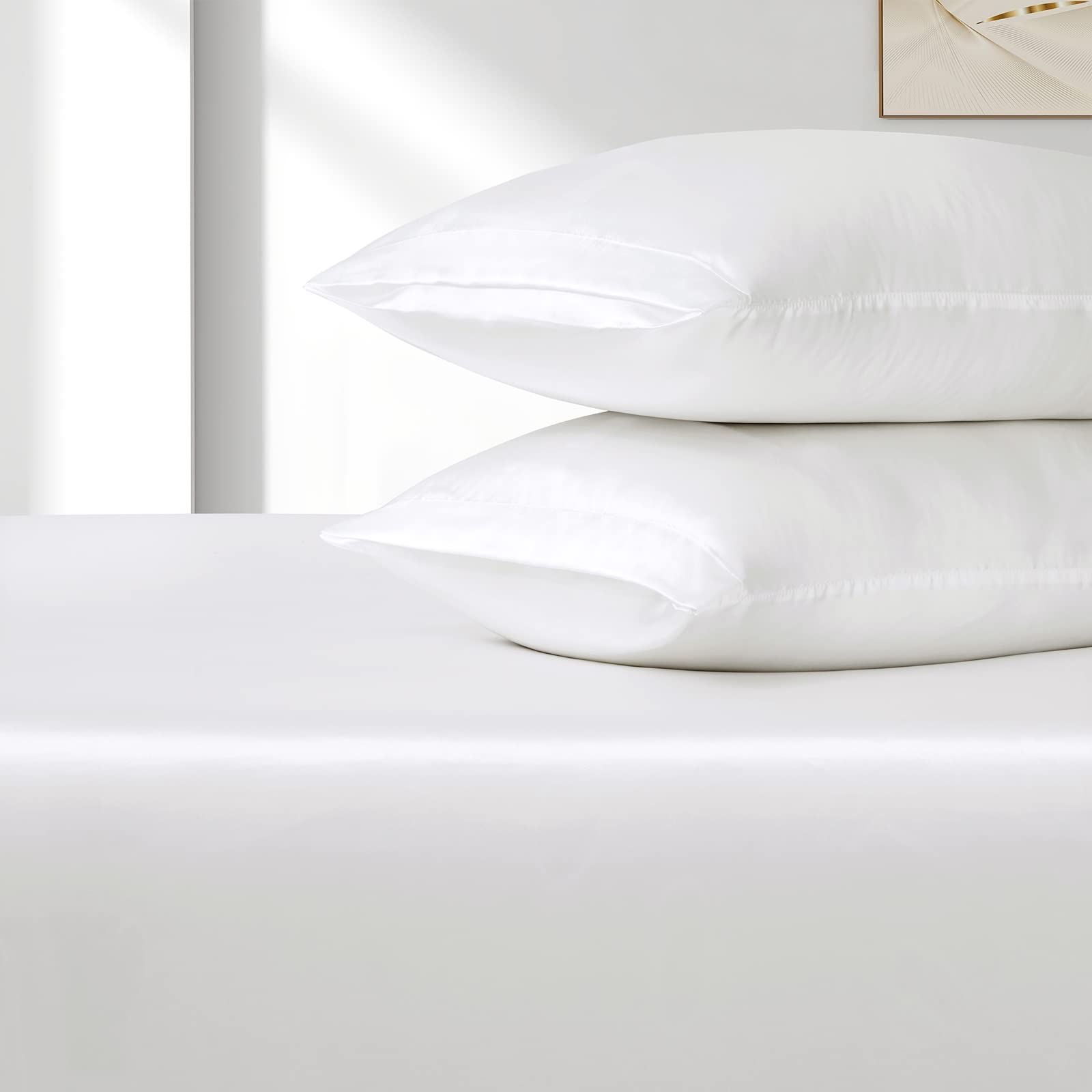 Satin Fitted Sheet Set Hotel 3 Pieces Fitted Sheet with Pillowcase, Art Silk Bedding Set-Luxury Soft Silky V1317-SD90-AUK-3JT-CL-BAI