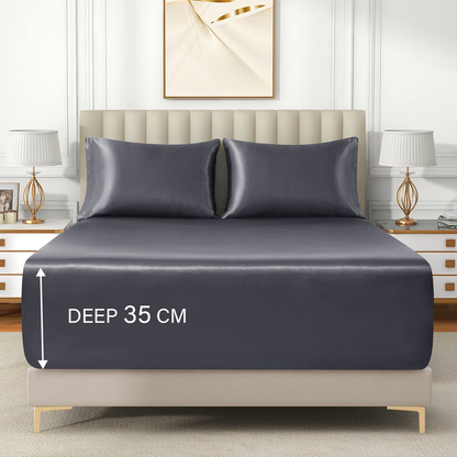 Satin Fitted Sheet Set Hotel 3 Pieces Fitted Sheet with Pillowcase, Art Silk Bedding Set-Luxury Soft Silky V1317-SD90-AUK-3JT-CL-HUI