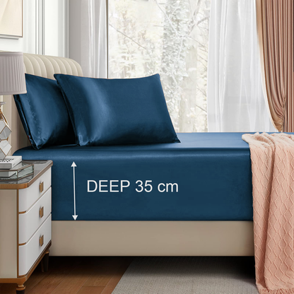 Satin Fitted Sheet Set Hotel 3 Pieces Fitted Sheet with Pillowcase, Art Silk Bedding Set-Luxury Soft Silky V1317-SD90-AUK-3JT-CL-NV