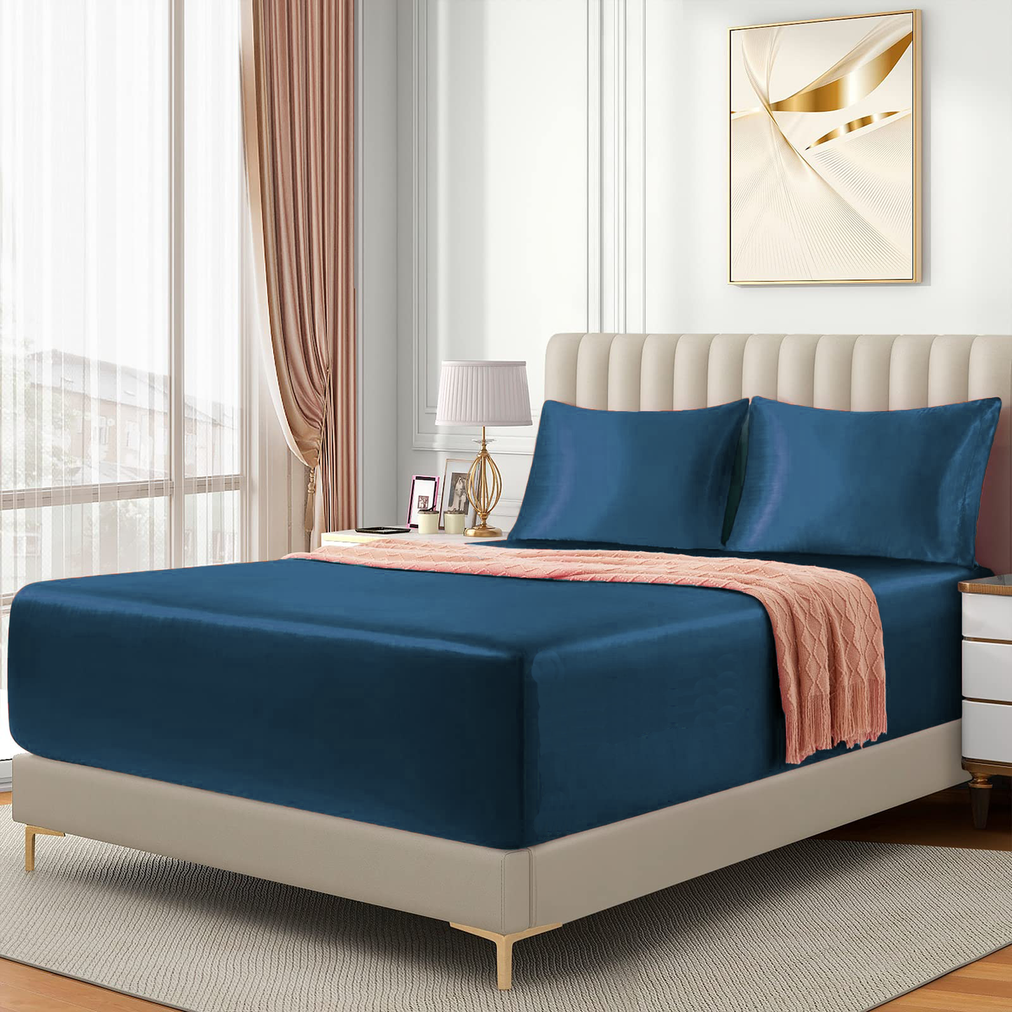 Satin Fitted Sheet Set Hotel 3 Pieces Fitted Sheet with Pillowcase, Art Silk Bedding Set-Luxury Soft Silky V1317-SD90-AUK-3JT-CL-NV