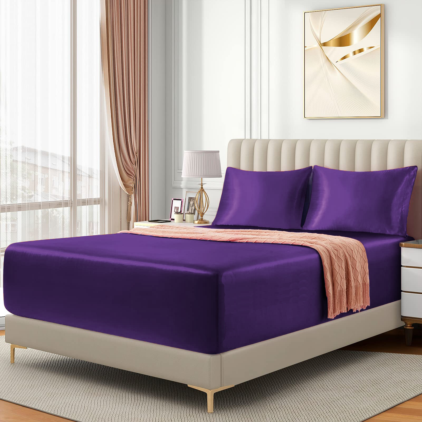 Satin Fitted Sheet Set Hotel 3 Pieces Fitted Sheet with Pillowcase, Art Silk Bedding Set-Luxury Soft Silky V1317-SD90-AUK-3JT-CL-ZI