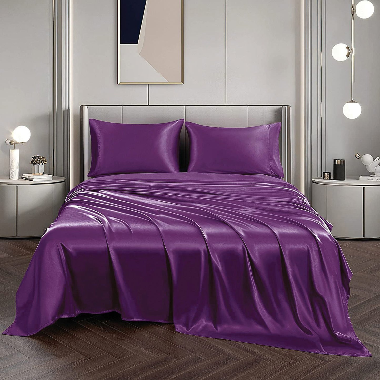 Art Silk Satin Sheet Set Hotel 4 Pieces Fitted/Flat Sheet Bedding Set-Luxury Soft Silky Sheets for Hair and V1317-SD90-AUK-4JT-ZI