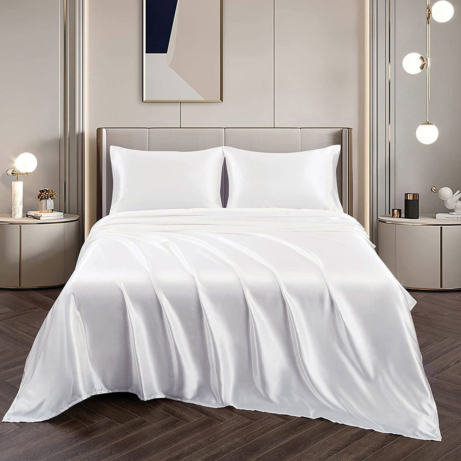 Art Silk Satin Sheet Set Hotel 3 Pieces Fitted/Flat Sheet Bedding Set-Luxury Soft Silky Sheets for Hair and V1317-SD90-AUKS-4JT-BAI
