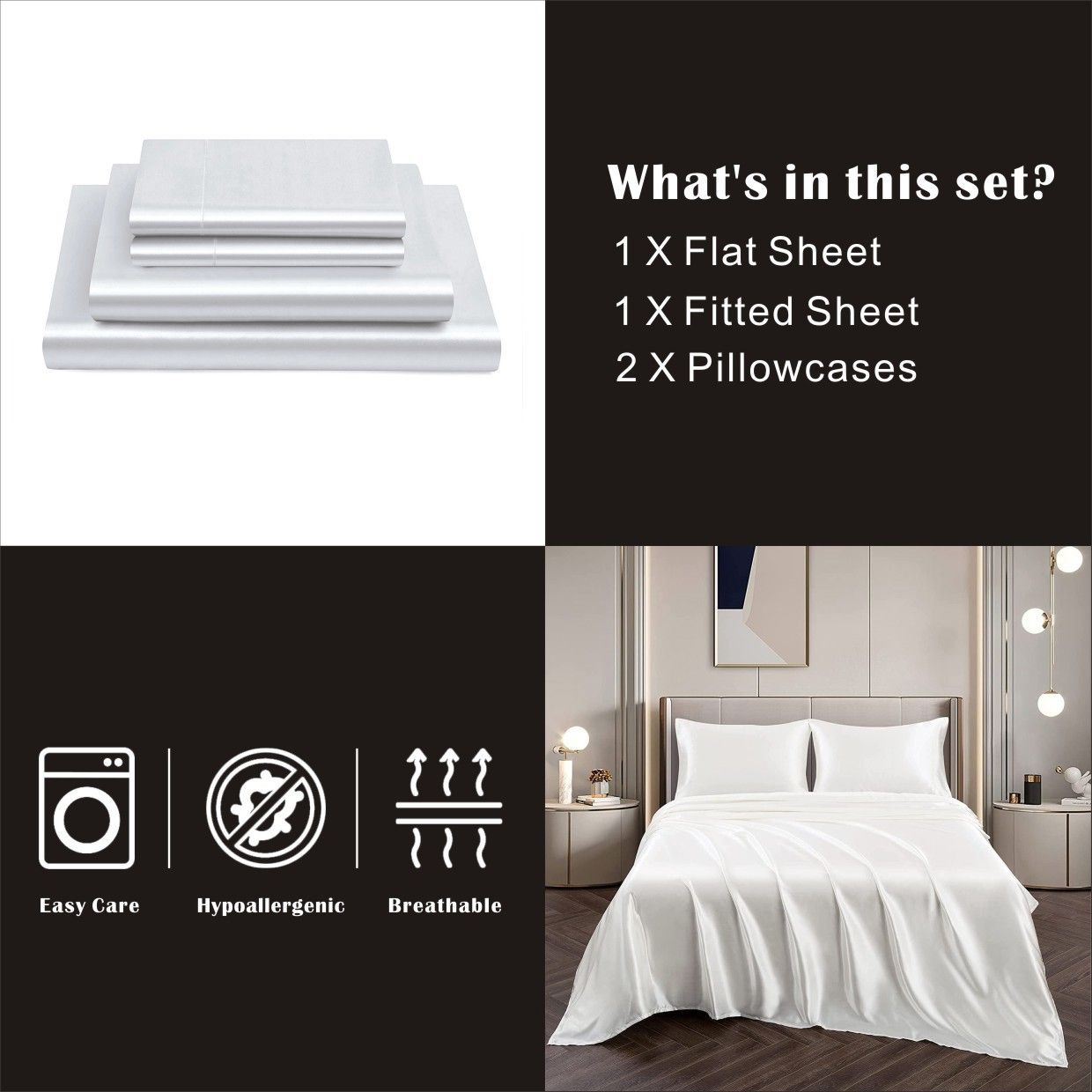 Art Silk Satin Sheet Set Hotel 3 Pieces Fitted/Flat Sheet Bedding Set-Luxury Soft Silky Sheets for Hair and V1317-SD90-AUKS-4JT-BAI