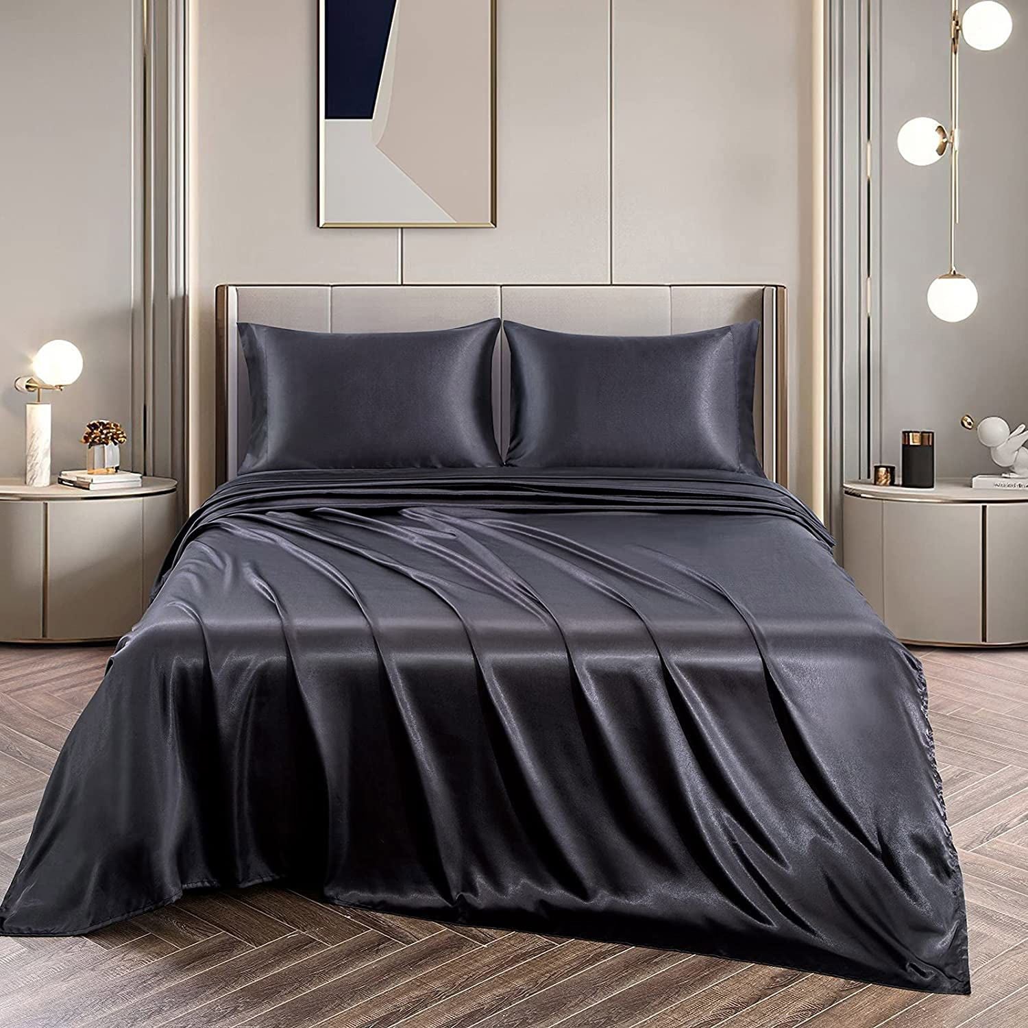 Art Silk Satin Sheet Set Hotel 3 Pieces Fitted/Flat Sheet Bedding Set-Luxury Soft Silky Sheets for Hair and V1317-SD90-AUKS-4JT-HEI