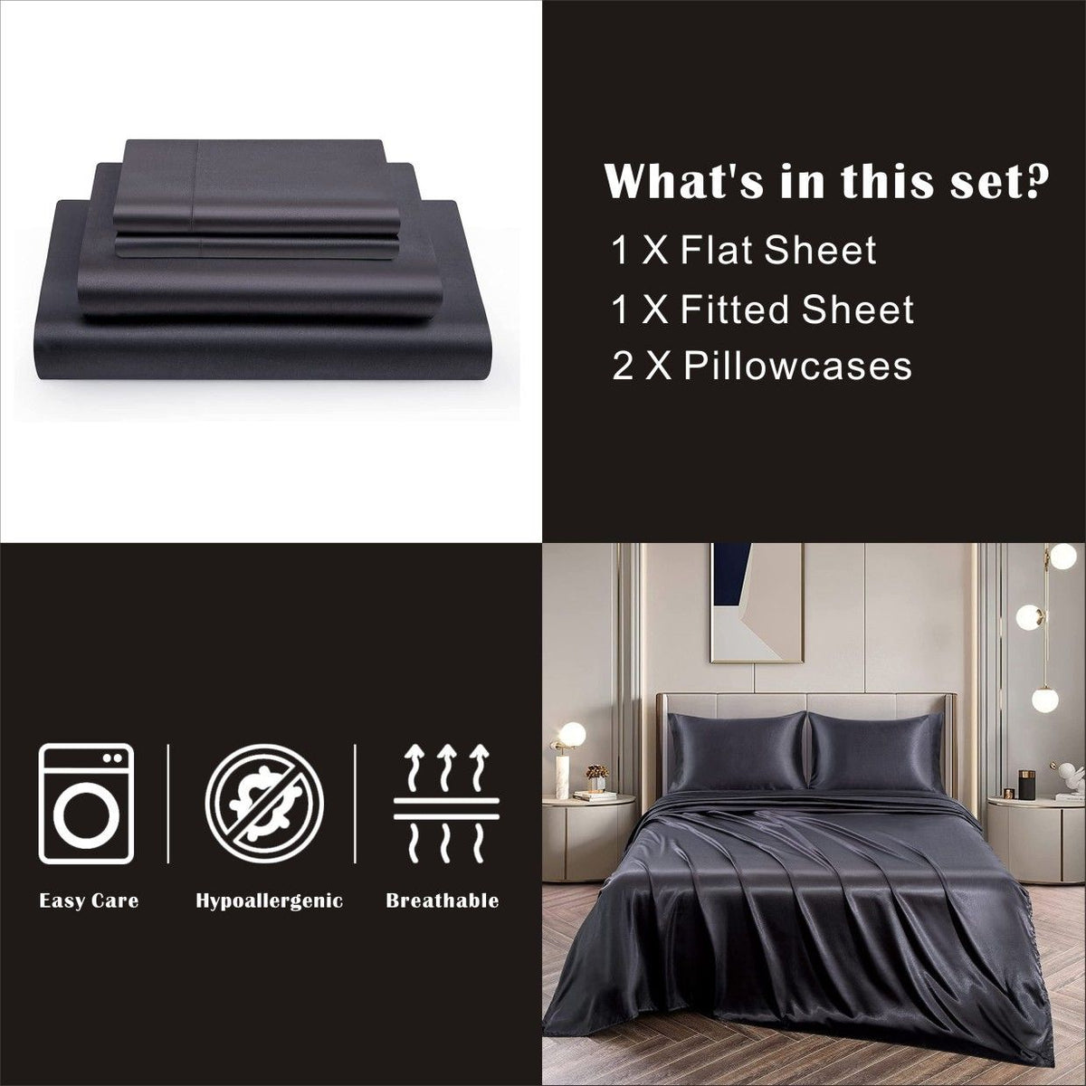 Art Silk Satin Sheet Set Hotel 3 Pieces Fitted/Flat Sheet Bedding Set-Luxury Soft Silky Sheets for Hair and V1317-SD90-AUKS-4JT-HEI
