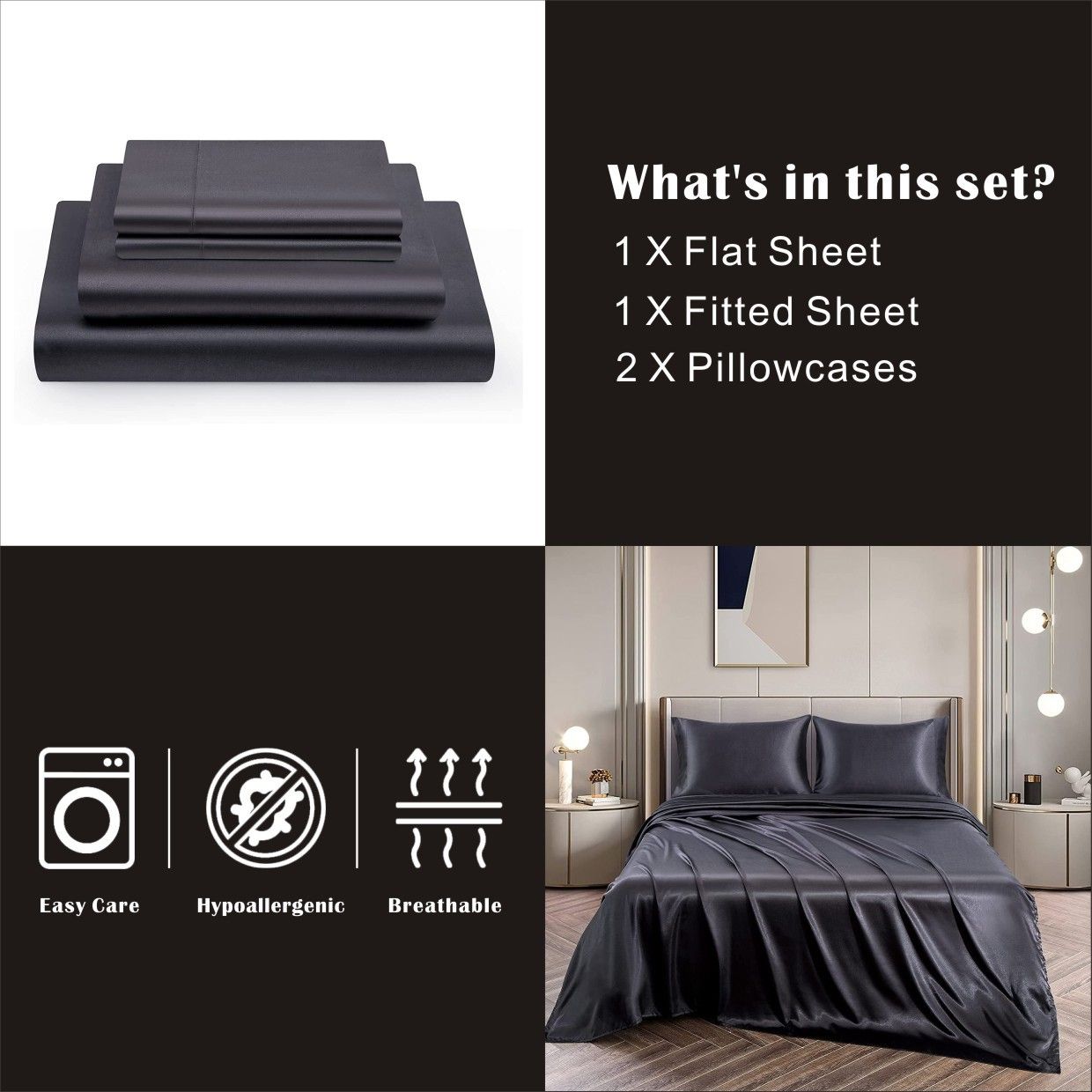 Art Silk Satin Sheet Set Hotel 3 Pieces Fitted/Flat Sheet Bedding Set-Luxury Soft Silky Sheets for Hair and V1317-SD90-AUKS-4JT-HEI
