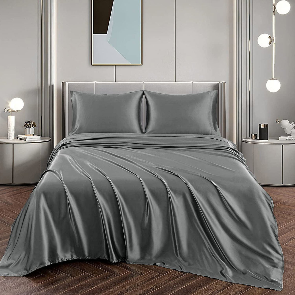 Art Silk Satin Sheet Set Hotel 3 Pieces Fitted/Flat Sheet Bedding Set-Luxury Soft Silky Sheets for Hair and V1317-SD90-AUKS-4JT-HUI