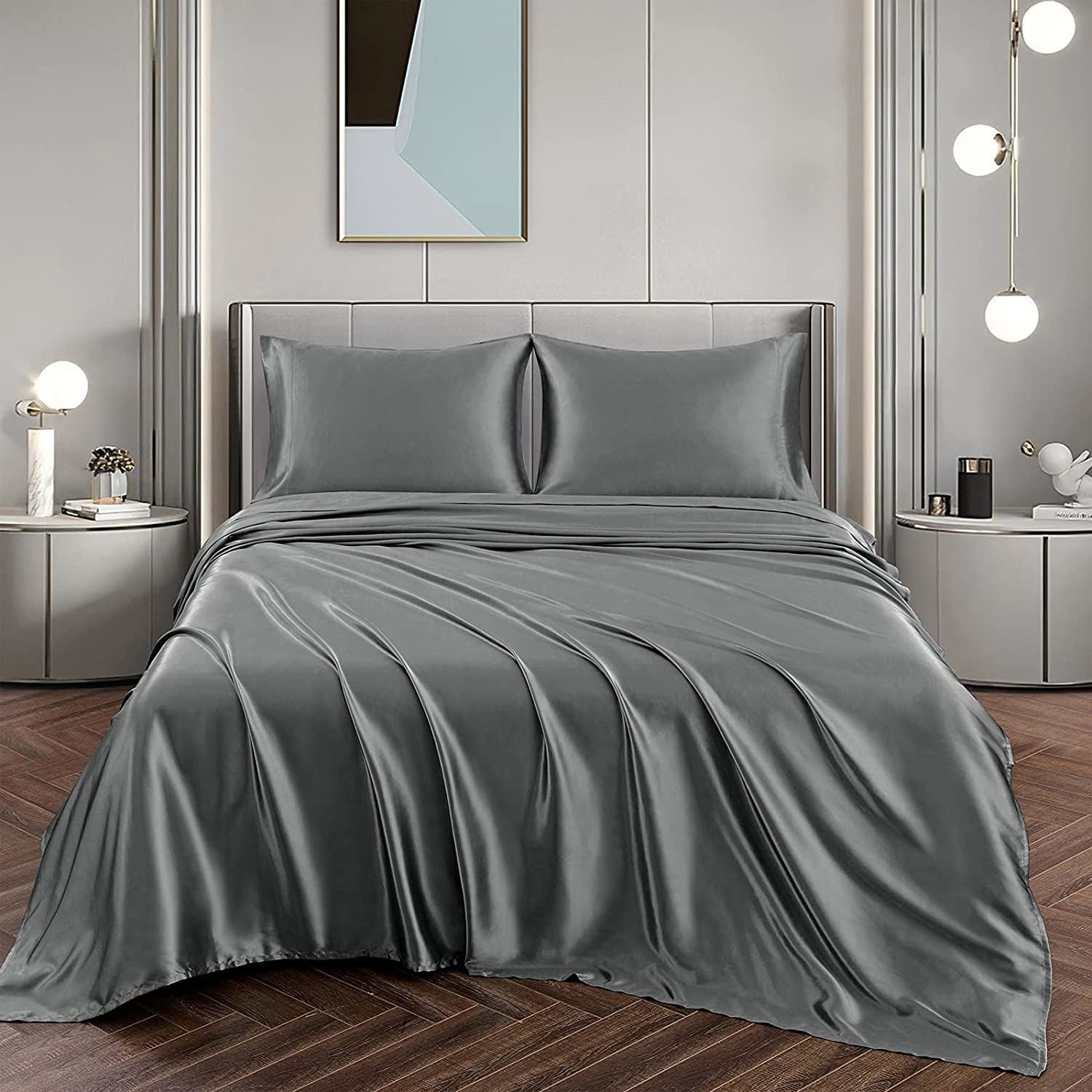 Art Silk Satin Sheet Set Hotel 3 Pieces Fitted/Flat Sheet Bedding Set-Luxury Soft Silky Sheets for Hair and V1317-SD90-AUKS-4JT-HUI